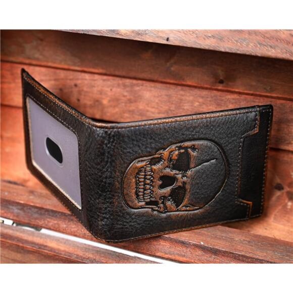 Skull Wallet for Men with Money Clip Genuine Leather Bifold RFID Blocking - Picture 3 of 8